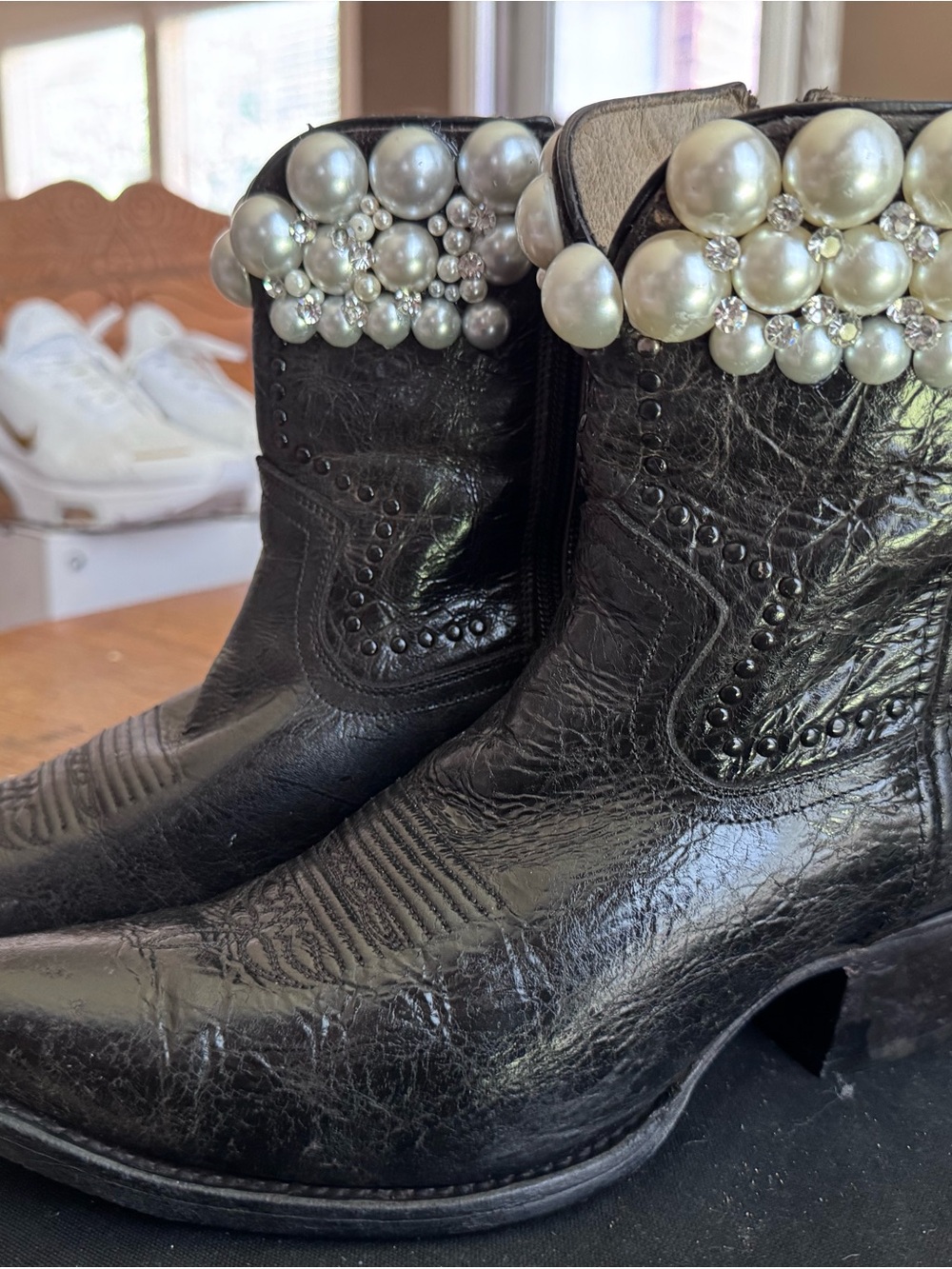 Pearl Black Leather Heeled Boots with Pearl and rhinestone Embellishment
